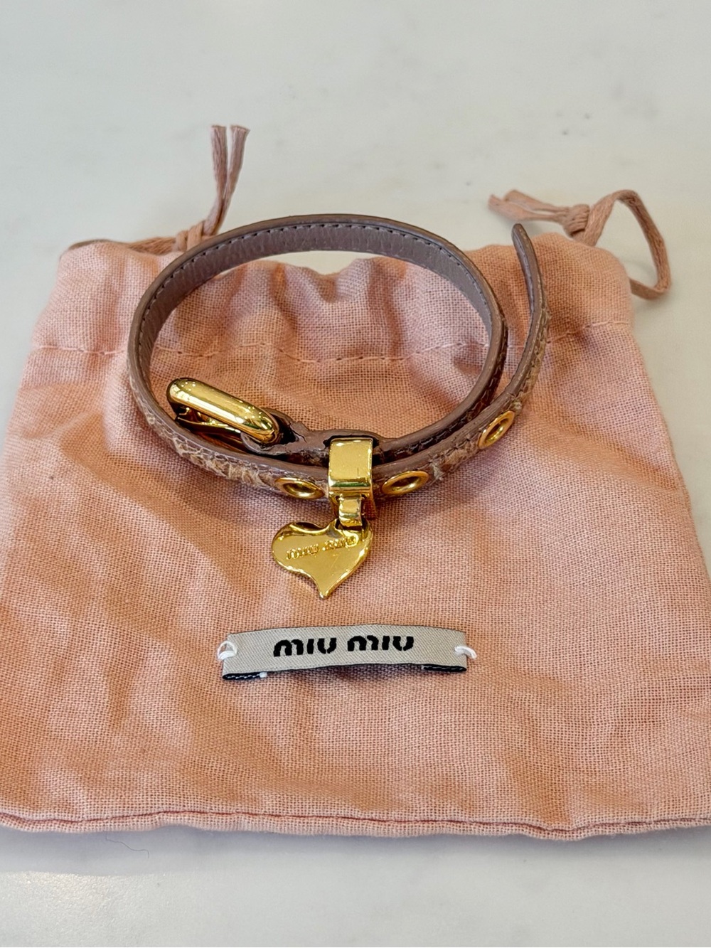 Miu Miu Pink Leather Bracelet with Gold Heart Charm